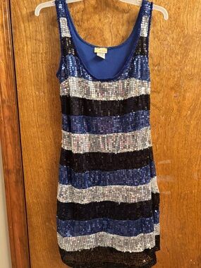 Sequin Striped Scoop Neck Dress in Blue, Black & Silver